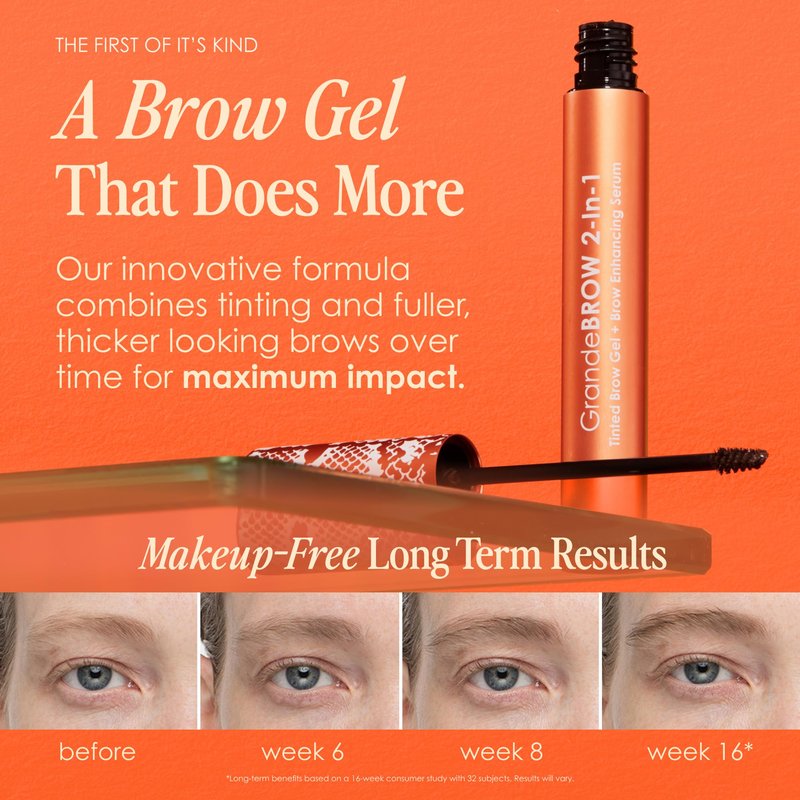 Grande Cosmetics GrandeBROW 2-in-1 Tinted Brow Gel + Brow Enhancing Serum for Thicker & Darker-Looking Eyebrows, Shape & Fill Brows, with Castor Oil & Mini Fibers - Dark, Full Size (0.12 fl oz)