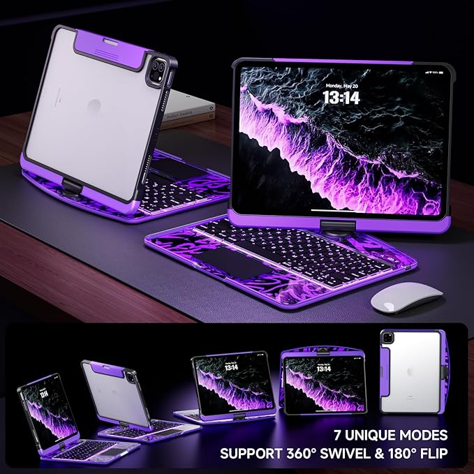 Transparent Case with Keyboard for iPad Air 13 Inch (M4/M3/M2, 2026/2025/2024), iPad Pro 12.9 (6/5/4/3 Gen),7-Color Backlit,Magic wireless Keyboard, 360°Rotating,with trackpad,Pencil Holder,Purple