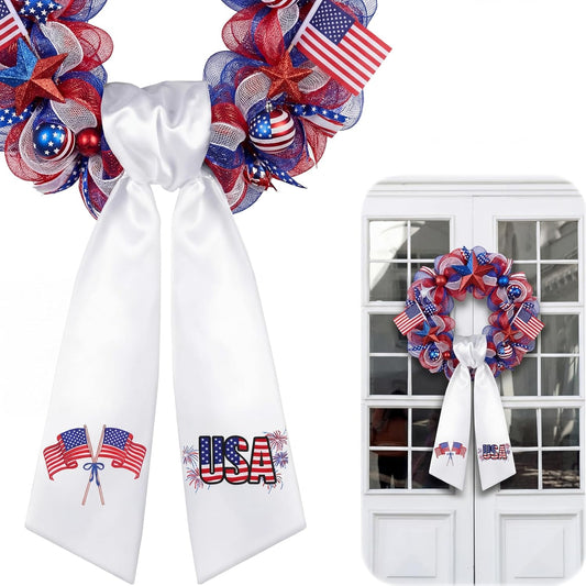 Skiennix Wreath Sash - Satin Blank Sashes for Monogramming | Indoor/Outdoor Home Decor (White, 4th of July)
