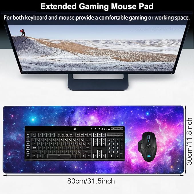 NIYLYNSYN Deep Universe Space and Stars Desk Mat,Large Galaxy Space Gaming Keyboard Mouse Pad,Non-Slip Rubber Base Desk Pad Thick Stitched Edges Waterproof Mousepad Mouse Mat 31.5"x11.8"