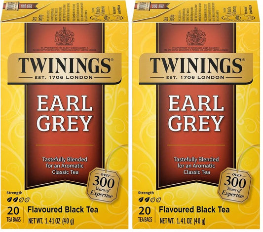 Twinings Earl Grey Black Tea Individually Wrapped Bags, 20 Count (Pack of 2), Flavoured with Citrus and Bergamot, Caffeinated, Enjoy Hot or Iced, 20 Teabags