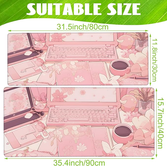 Eflxamz Large Gaming Mouse Pad for Desk,Pink Kawaii Anime Girl Desk Desk Mat,Kawaii Anime Desktop Desk Pad,Extended Big Computer Keyboard Mouse Pad with Non-Slip Base and Stitched Edge,35.4"x15.7"