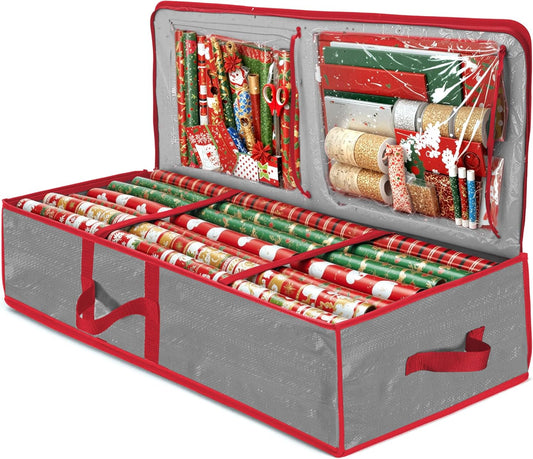 ZOBER Gift Wrapping Paper Organizer - Waterproof Storage for 24 Rolls | 40" with Pockets for Bows, Tags & Ribbons (Gray)