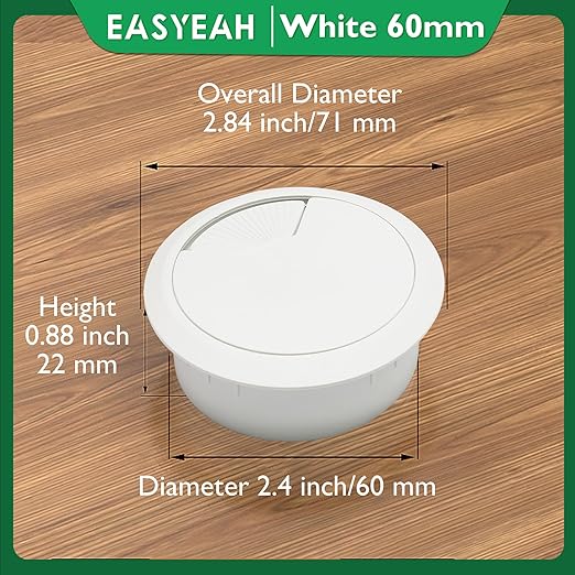 EASYEAH 2 Pcs Desk Grommet 2-3/8" / 60 mm, Desk Cord Hole Cover, Cable Grommet ABS Plastic, Desk Hole Grommet for Home & Office Pc, Detachable Adjustable Cable Cord Organizer-White
