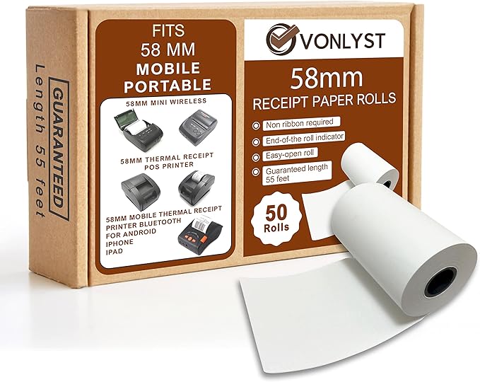 Vonlyst Receipt Paper Roll for 58mm Mobile Portable Thermal Printer (Pack 50 rolls)