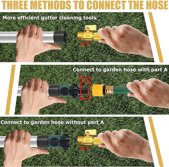Gutter Cleaning Tools from The Ground, 16FT (24FT Reach) Telescoping Gutter Cleaner Wand with Adjustable Water Flow, Rain Gutters Cleaning Tool for Leaves and Debris, Fits Standard Garden Hoses