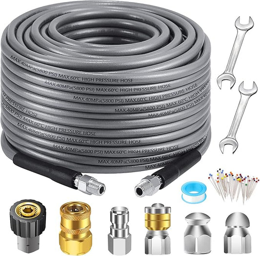 Sewer Jetter Kit 100FT for Pressure Washer, 5800PSI Drain Cleaner Hose 1/4 Inch NPT, Corner, Rotating & Button Nose Sewer Jetting Nozzle with Spanner Watertight Tape Pearl Corsage Pin (Gray Hose)