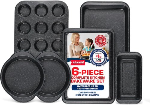 BAKKEN 6-Piece Baking Pan Set | Commercial Grade Carbon Steel, Nonstick & Space-Saving Design, Oven Safe Up to 450°F, Gray Marble