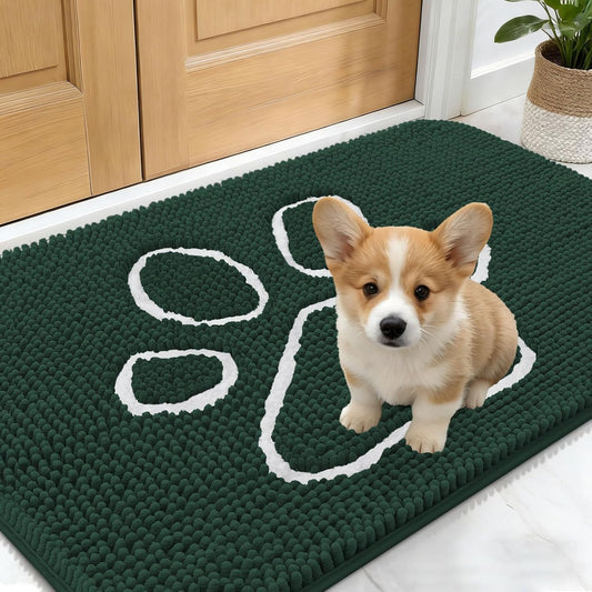 OLANLY Dog Door Mat - Absorbent Non-Slip Mud Mat for Muddy Paws | 24x16 Paw Print Design, Quick Dry Blackish Green