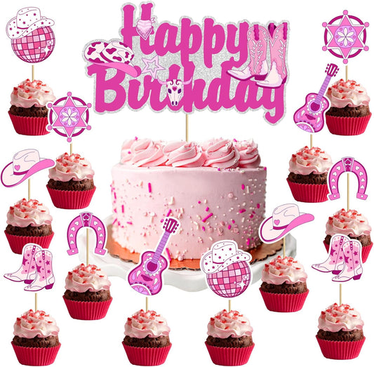 Skiennix Disco Cowgirl Cake Topper - Hot Pink Western Cowboy Design for Birthday Celebrations