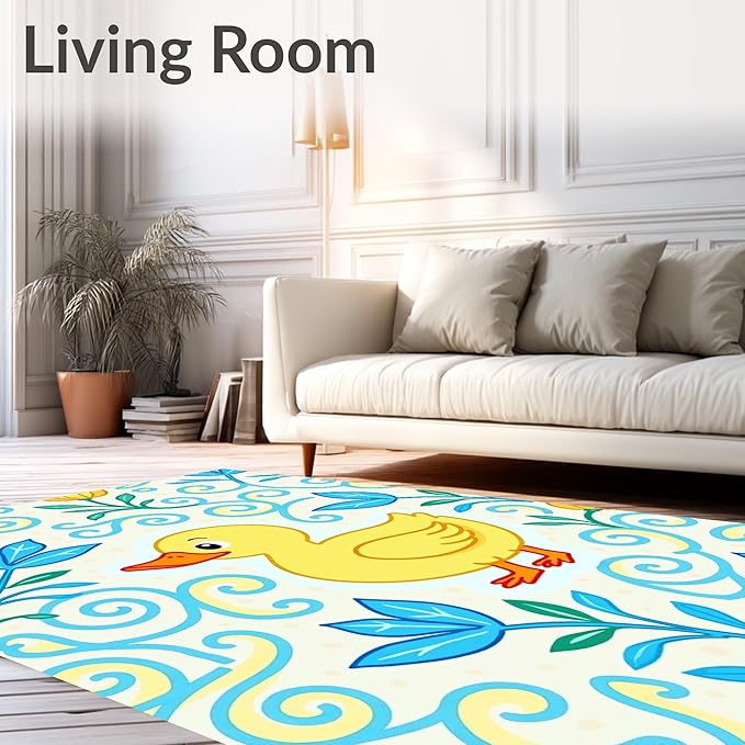 Flatwoven High Traffic Area Rug 8x10, Whimsical Pond Life with Floating and Floral Swirl, Non Slip, Stain Resistant, Washable Area Rugs for Living Room, Bedroom (Yellow, 8x10)