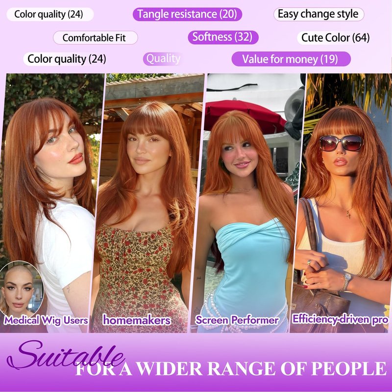 Eawwii Long Ginger Wig with Bangs for Women,4x4 Realistic Scalp, Free Parting,Layered Hairstyle Synthetic Heat Resistant for Daily Party Use 26 inch