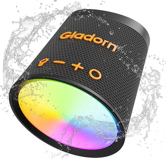 Gladorn Portable Bluetooth Speaker Wireless with 9 Color Lights, 20H Playtime, Stereo Pairing, Deep Bass, IPX6 Waterproof, Bluetooth 5.3, Small Speaker for Home, Party, Outdoor, Camping, Beach, Gift
