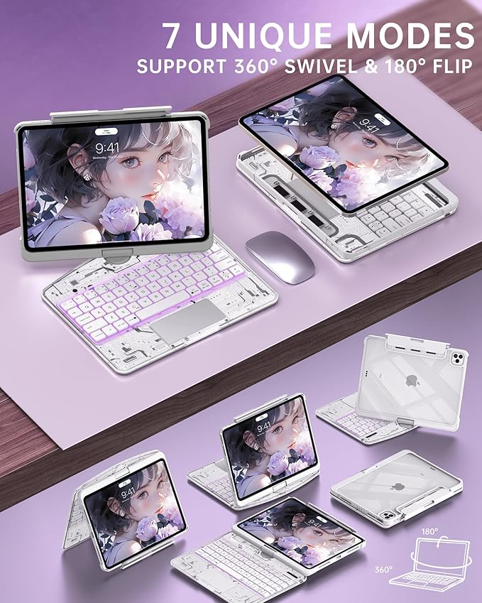 Intermerge Transparent Case with Keyboard for iPad Air 13"(M4/ M3/ M2, 2026/2025/ 2024) & Pro 12.9" (2022-2018) - 360° Swivel Multi-Touch Trackpad, 7-Color Backlit, Pencil Holder, Frost Pulse