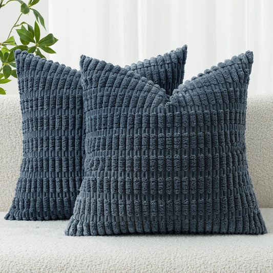 MIULEE Corduroy Throw Pillow Covers - Soft Boho Striped Design | 16x16 Inch Blue Decorative Covers for Living Room