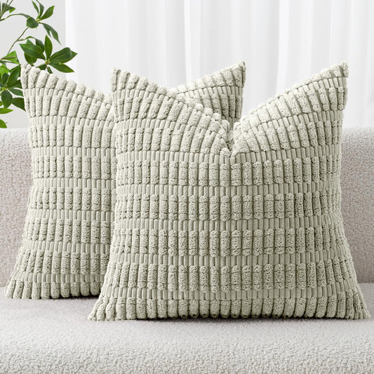MIULEE Decorative Throw Pillow Covers - Soft Boho Striped Corduroy | Pack of 2, 20x20 Inch, Light Green