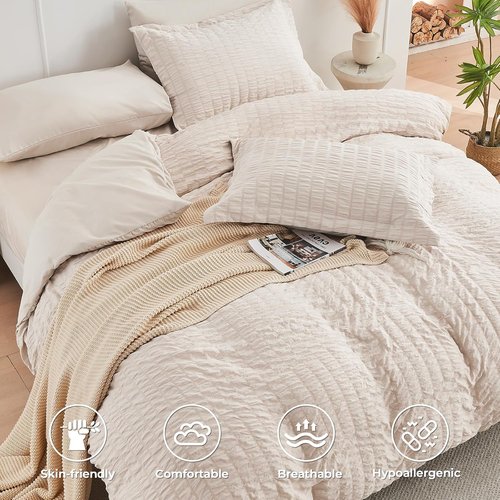 HYMOKEGE King Comforter Set - Beige Oversized 7-Piece Luxury Bedding Set | All-Season Seersucker Design