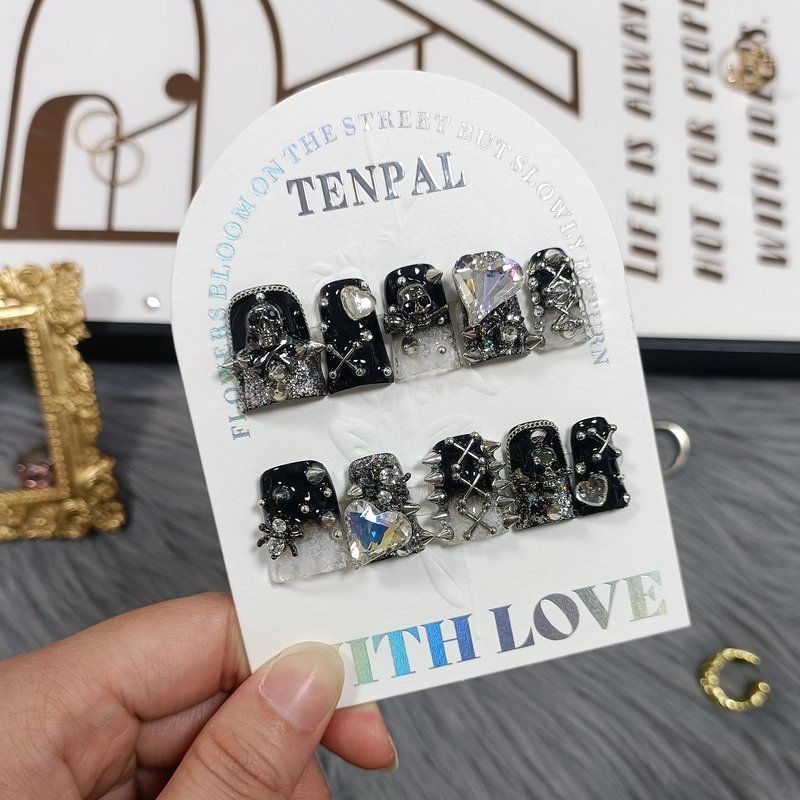 TENPAL 10Pcs Handmade Duckbill Press on Nails,Full Diamond French Tips & 3D Floral Short Nails with Charms,Cherry Blossom Butterfly Design,Sweet Sassy Reusable Duck Nails Set(M)