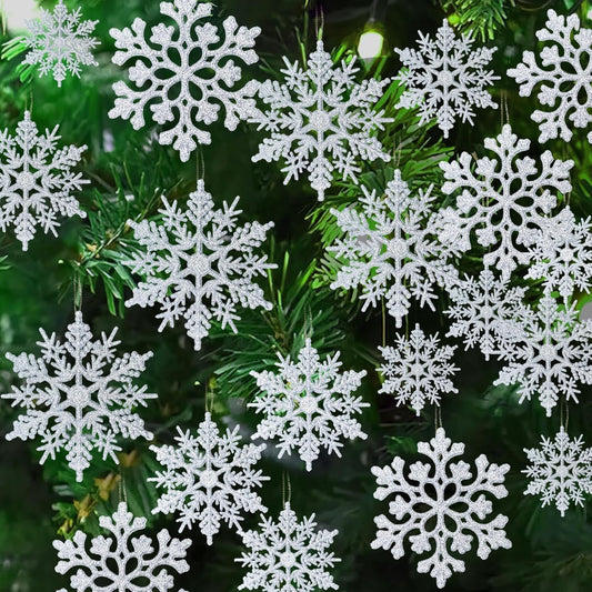 Skiennix 36-Piece Christmas Silver Snowflake Ornaments - Glittery Winter Tree Decorations