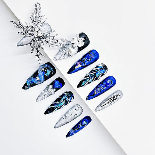 Press on Nails Handmade Luxury Long Style Almond Reusable Halloween Goth Nail for Women and Girls 11pcs (Blue Butterfly-M, One Size)