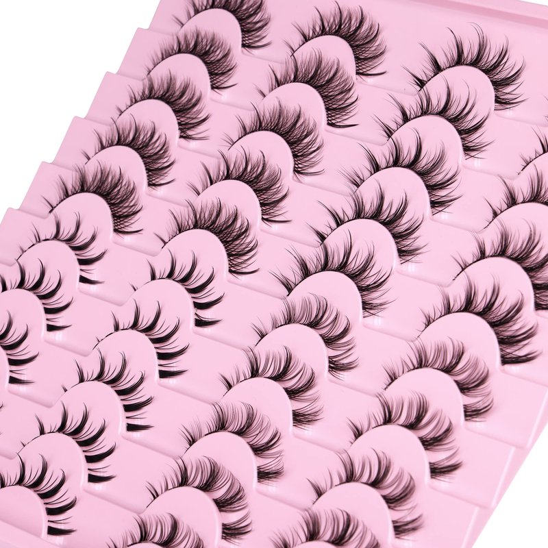 Manga Lashes Natural Look Anime False Eyelashes 20 Pairs Clear Band Individual Wispy Fake Eyelashes Strip Spiky DIY Cluster Lashes Extension C-curly Cat Eye Lashes Pack