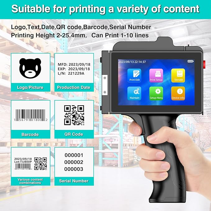 TIKTONER TIJ800P Handheld Inkjet Printer 1 inch Portable Handheld Printer Gun 5 Inch Screen Quick Drying Inkjet Coding Machine for Batch Number/Date/Barcode/QR Code/Logo etc