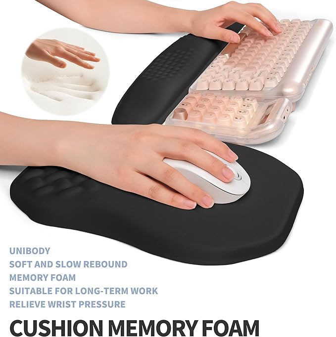 Gleamtide 2-in-1 Ergonomic Set, Wave Keyboard Wrist Rest and Massage Slope Mouse Pad Wrist Support, Rebound Memory Foam for Relieve Carpal Tunnel Syndrome and Wrist Pain (Black)