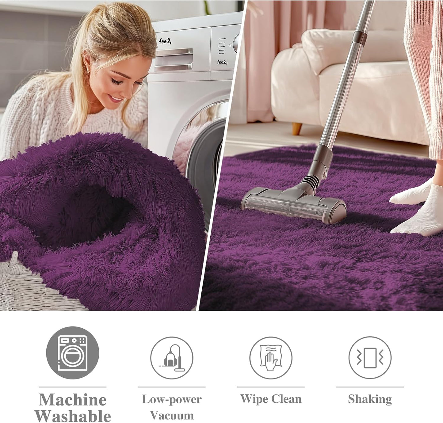 OLANLY Dark Purple Round Rug - Soft, Fluffy Shaggy Carpet | 5 ft Machine Washable Area Rug for Bedroom & Living Room