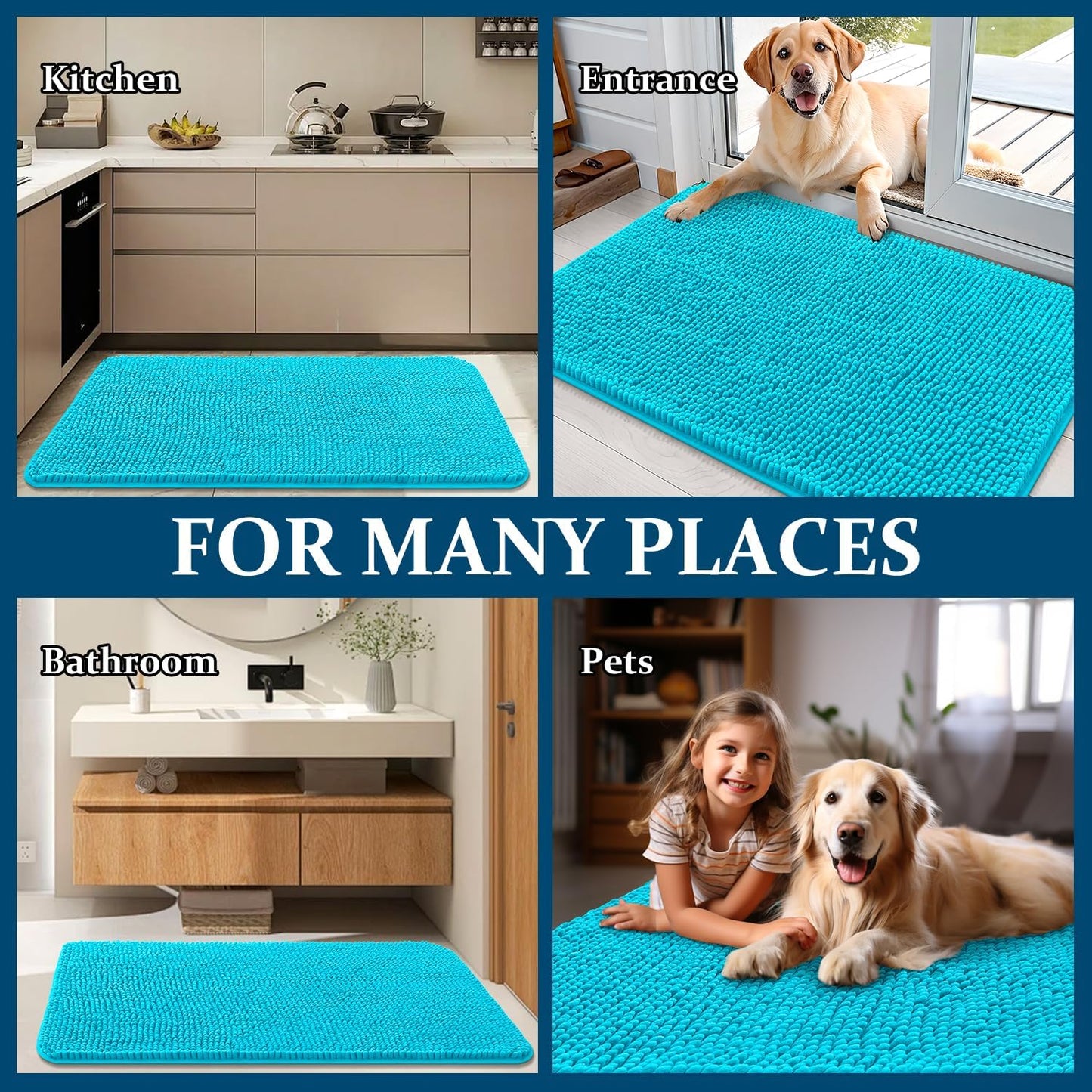 OLANLY Dog Door Mat - Absorbent Non-Slip Mud Mat for Indoor Use | Quick Dry Chenille, Aqua Blue 47x17