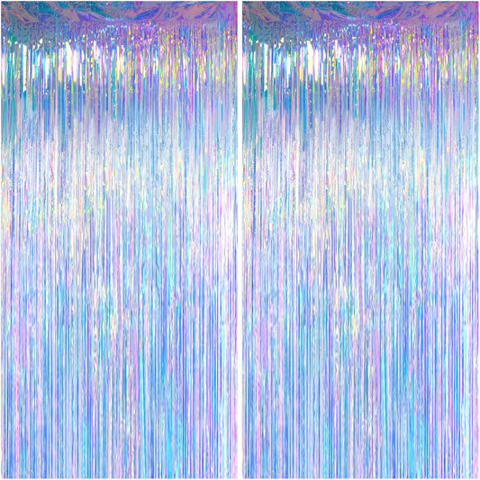 Melsan Iridescent Party Decorations - Holographic Tinsel Foil Fringe Curtain for Mermaid Theme | 2 Packs, 3.2 x 6.56 ft