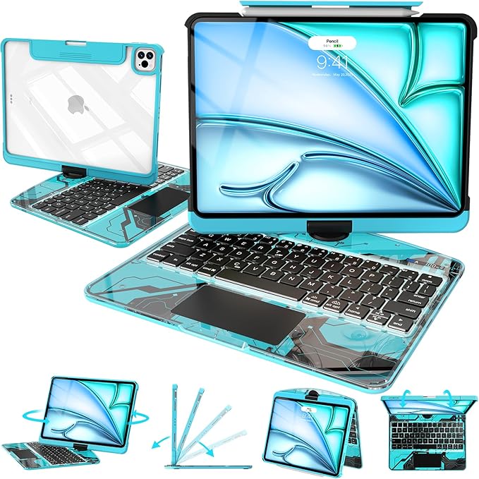 Intermerge Transparent Case with Keyboard for iPad Air 13"(M4/ M3/ M2, 2026/2025/ 2024) & Pro 12.9" (2022-2018) - 360° Swivel Multi-Touch Trackpad, 7-Color Backlit, Pencil Holder, Nebula Core X