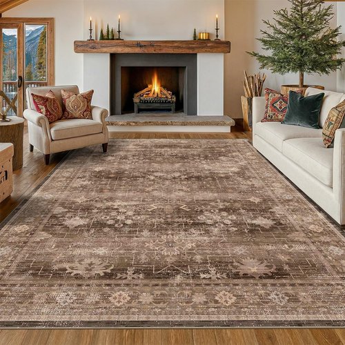 Hazo Haus Brown Rug for Living Room 10x14 - Extra Large Vintage Western Unique Neutral Taupe, Washable Low Pile Non-Slip Soft Thin Area Rug for Dining Under Table, Bedroom Under Bed, Home Office