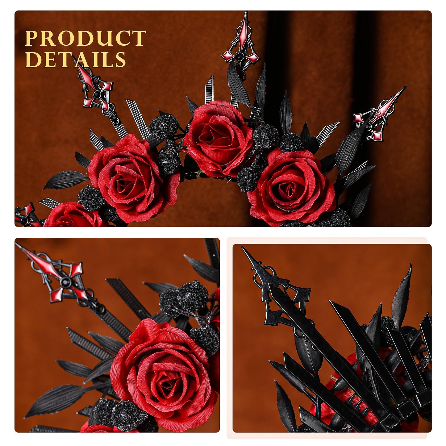 COSUCOS Black Red Rose Headband - Zip Tie Cross Spiked Halo Crown Renfaire Fantasy Floral Headpiece Sunburst Evil Gothic Headband for Women Renaissance Cosplay Costume Halloween Party