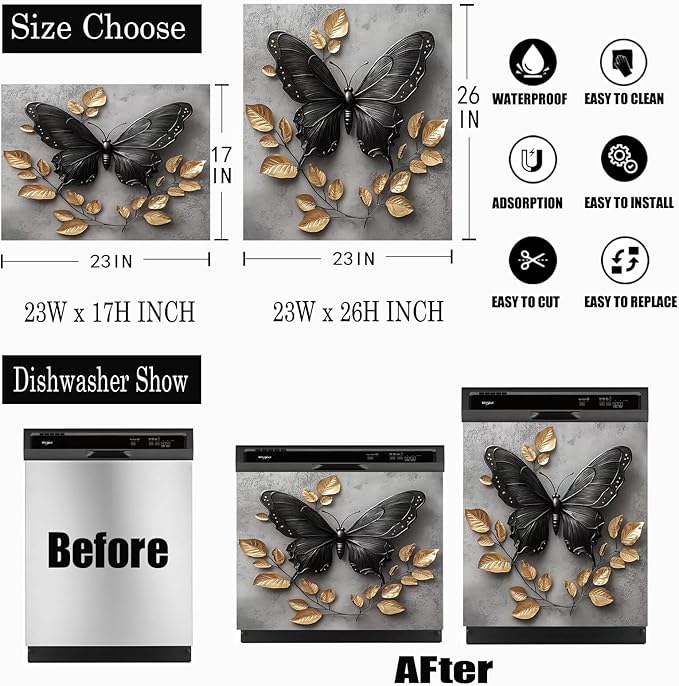 Black Butterfly Gold Leaf Dishwasher Magnet Cover Metalized Pattern Front Dishwasher Cover Magnetic Home Appliances Doors Panel Magnets Decals Kitchen Decorative 23" x 26"(Magnetic)