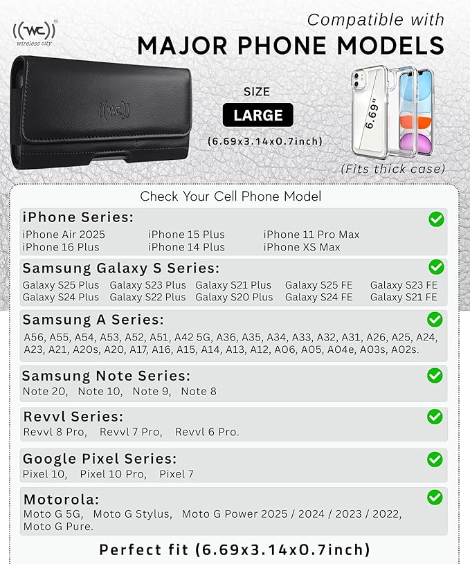 Wireless City Leather Phone Holster for iPhone Air 2025, 16 Plus/15 Plus/14 Plus/11 Pro Max/XS Max, Belt Phone Pouch with Card Slot, Magnetic Closure, Case Friendly