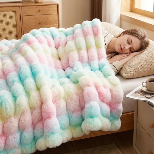 DREAMNINE Soft Faux Bubble Rabbit Fur Throw Blanket - Cozy Colorful Fuzzy Blanket for Couch | 50x60 Inches, Rainbow