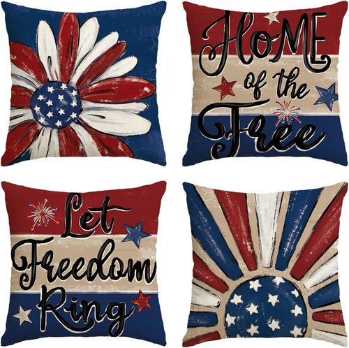 AVOIN Colorlife Throw Pillow Covers - 4th of July Patriotic Stars & Fireworks | 18x18 Inch USA Flag Cushion Set of 4