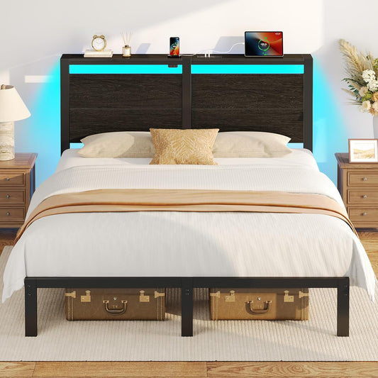 Rolanstar Queen Bed Frame - LED Headboard with Charging Station | Noise-Free, Black Oak Design