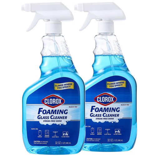 Clorox Foaming Glass Cleaner Trigger Spray, Streak Free No Drip Formula for Windows, Mirrors, and Glass Surfaces, All Purpose Household Cleaning Spray in Fresh Scent, 32 Ounce - 2 Pack
