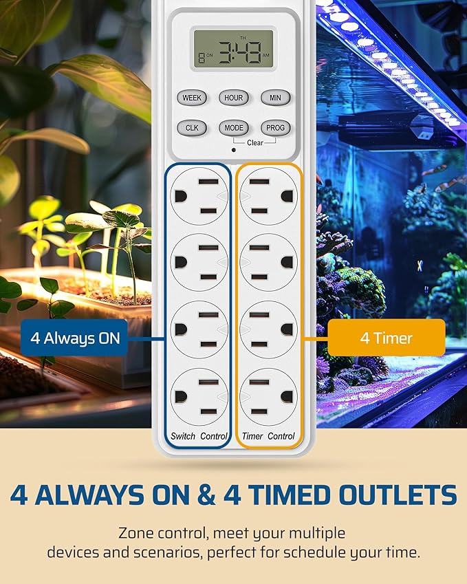 DEWENWILS 8 Outlet Power Strip with Timer (4 Timed/4 Always On), Indoor Digital Outlet for Reptile Light, Turtle Grow Light, Bearded Dragon Tank, Aquarium, 6ft Flat Plug Cord, 15A, UL Listed