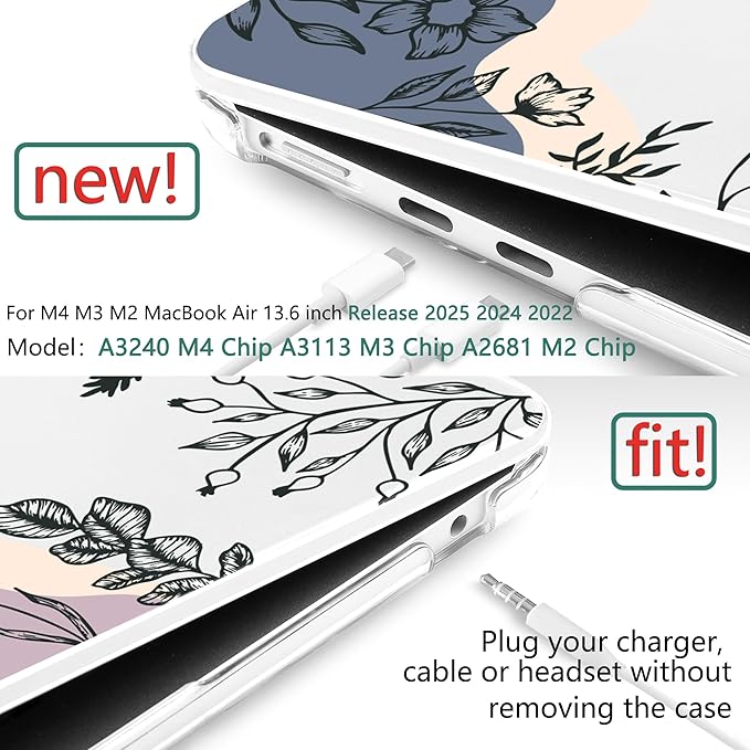 TWOLSKOO for MacBook Air 13 inch Case M4 A3240 M3 A3113 M2 A2681 2025 2024 2022 Plastic Hard Shell, Keyboard Cover, Type C Adapter, Screen Protector for MacBook Air 13.6 inch, Spring Line Art