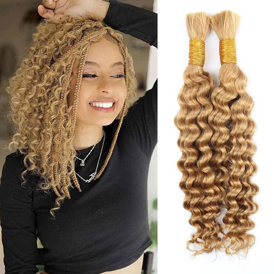 Human Braiding Hair for Boho Braids 100g Deep Wave Boho Hair for Braiding Knotless 12A Wet and Wavy Curly Bohemian Bulk 2 Bundles 100% Human Hair Extensions No Weft #27 Honey Blonde 16 16 Inch