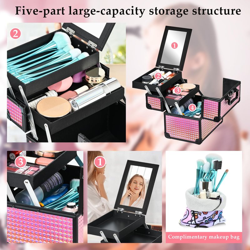 GALHUBIS Makeup Case Organizer,Makeup Train Case, Trays Cosmetic Box Portable, Profesional for Salon Barber,Black Bright Pink