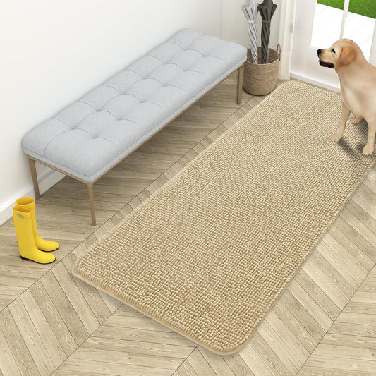 OLANLY Dog Door Mat - Absorbent Non-Slip Chenille Mat for Muddy Paws | 54x24, Quick Dry, Beige