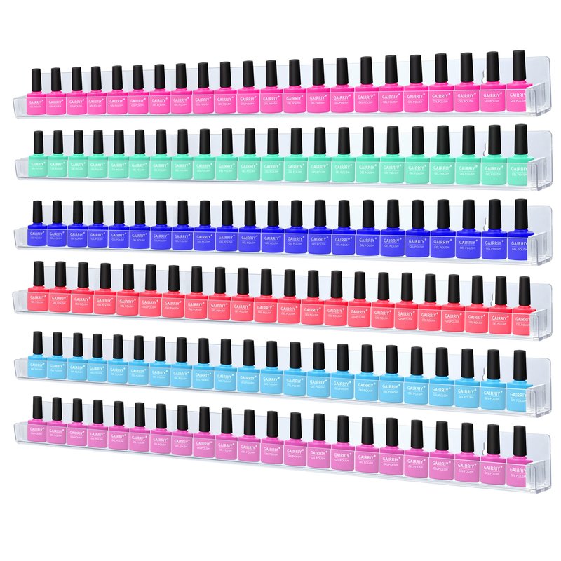 trophable 24in Nail Polish Rack Wall Mounted Shelf with Removable Anti-Slip End Inserts, 6 Pack Clear Acrylic Nail Polish Organizer Wall Rack Display 150 Bottles