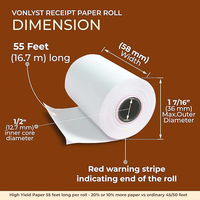 Vonlyst Receipt Paper Roll for 58mm Mobile Portable Thermal Printer (Pack 20 rolls)