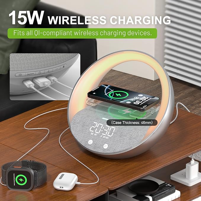 FUNFOR Bluetooth Alarm Clock, Sunrise Simulation Wake Up Night Light, 15W Fast Wireless Charging Alarm Clock for Bedroom, 10W Bluetooth Stereo Sound Speaker, USB Charger Port