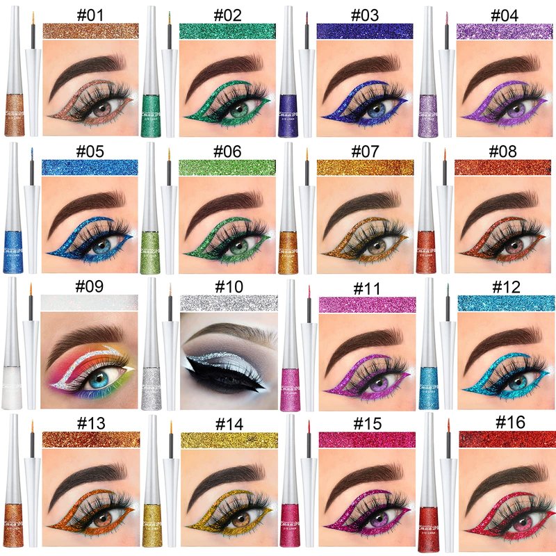 BONNIE CHOICE 16 Colors Glitter Eyeliner Liquid Set, Metallic Glitter Liquid Eyeshadow, Waterproof Long Lasting White Silver Rose Gold Pink Colorful Rainbow Eyeliners Gifts Mother's Day for Women