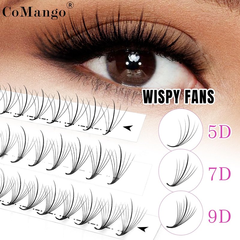 CoMango Wispy Premade Fans Eyelash Extensions 5D 7D 9D Spikes Lash Fans C/D Curly Pointy Stem Volume Lashes Extensions 0.07mm Thin Base Handmade Lash Extensions (black, 120fans-9D-C-Mix8-15mm)