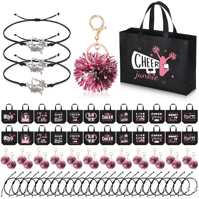 Landical 72 Pcs Pink Cheerleading Gifts 24 Cheer Bags Portable 24 Pom Pom Keychain 24 Cheerleading Bracelet Canvas Makeup Bag Bulk Cheer Gifts Female Teammates Toiletries Accessories